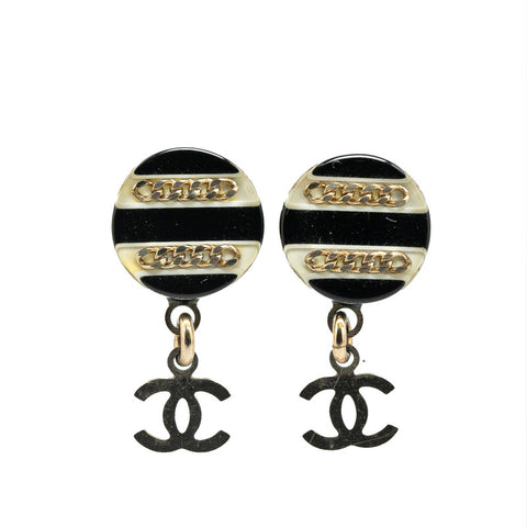 シャネル ココマーク チェーン ラウンド ピアス ブラック シルバー プラスチック メタル レディース CHANEL 【中古】