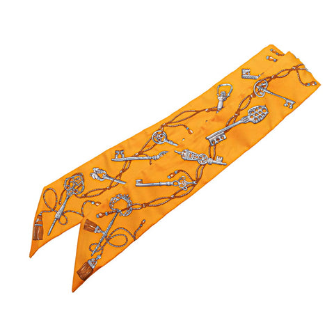エルメス ツイリー Les Cles a Pois レ クレ ア ポア スカーフ オレンジ シルバー シルク レディース HERMES 【中古】