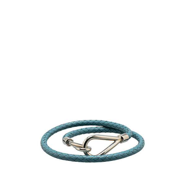 エルメス ジャンボ ドゥブルトゥール 編み込み ブレスレット ライトブルー シルバー レザー メタル レディース HERMES 【中古】