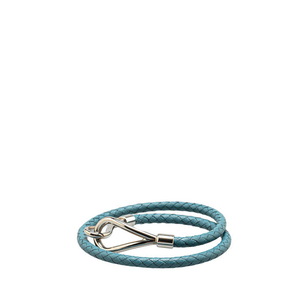 エルメス ジャンボ ドゥブルトゥール 編み込み ブレスレット ライトブルー シルバー レザー メタル レディース HERMES 【中古】