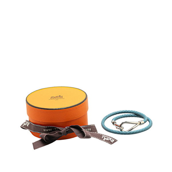 エルメス ジャンボ ドゥブルトゥール 編み込み ブレスレット ライトブルー シルバー レザー メタル レディース HERMES 【中古】