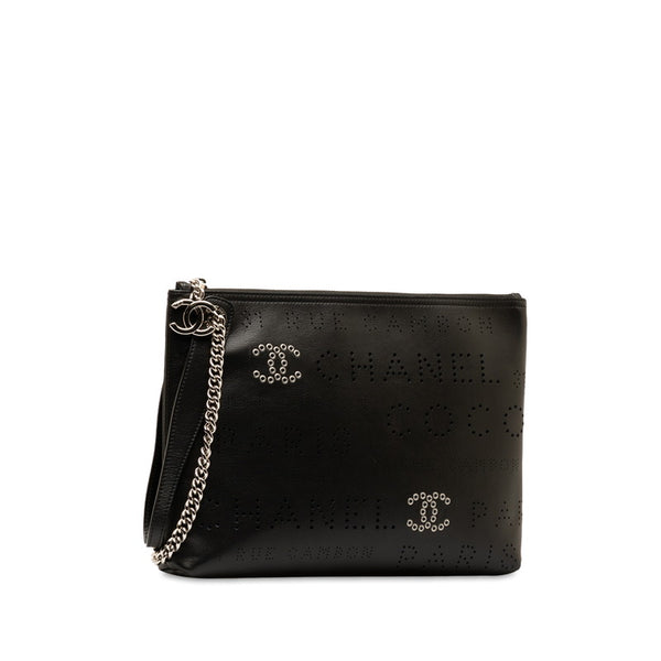 シャネル ココマーク パンチング クラッチバッグ セカンドバッグ ブラック レザー レディース CHANEL 【中古】
