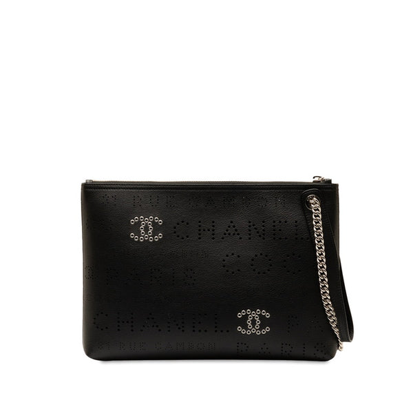 シャネル ココマーク パンチング クラッチバッグ セカンドバッグ ブラック レザー レディース CHANEL 【中古】