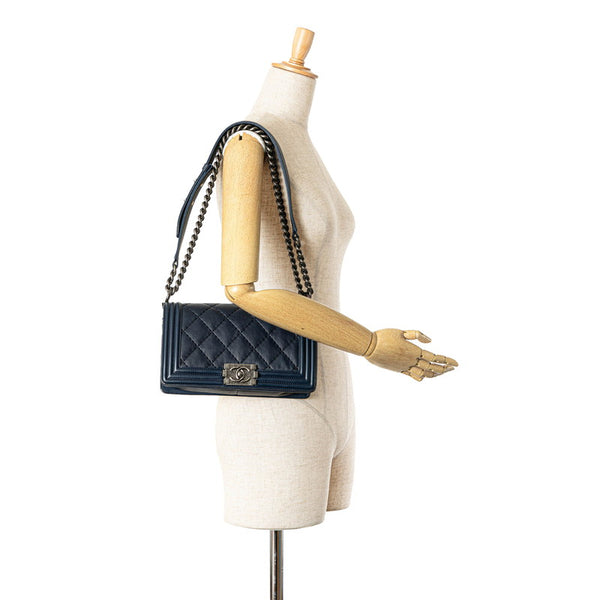 シャネル ボーイシャネル25  チェーン ショルダーバッグ ネイビー レザー レディース CHANEL 【中古】