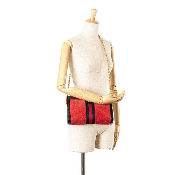 グッチ オフィディア シェリーライン チェーン 斜め掛け ショルダーバッグ 503877 レッド ブラック スウェード レザー レディース GUCCI 【中古】