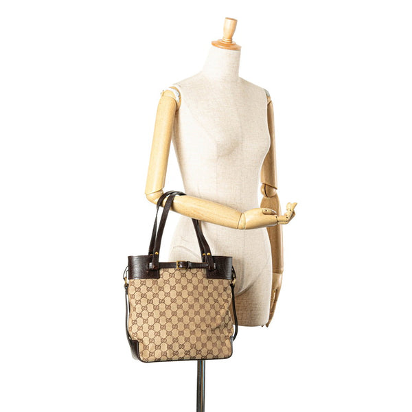 グッチ GGキャンバス トートバッグ ハンドバッグ 107757 ベージュ ブラウン キャンバス レザー レディース GUCCI 【中古】