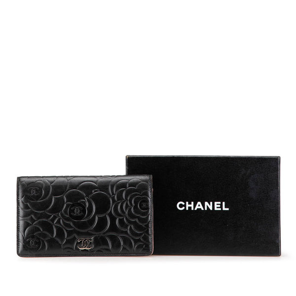 シャネル カメリア ココマーク 長財布 ブラック ピンク ラムスキン レディース CHANEL 【中古】