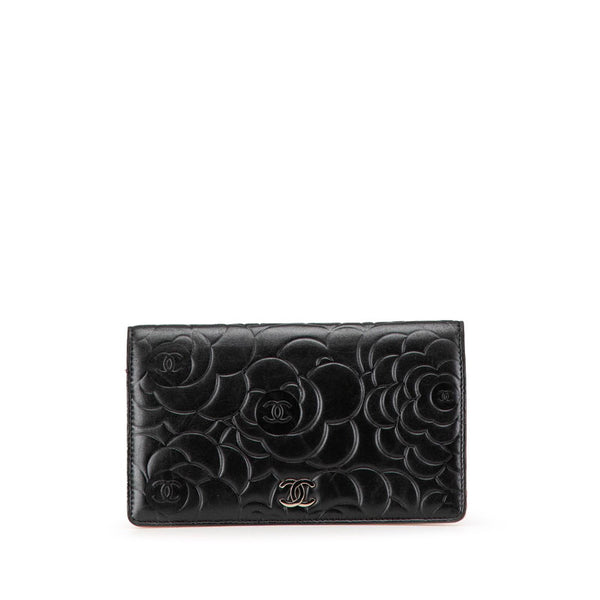 シャネル カメリア ココマーク 長財布 ブラック ピンク ラムスキン レディース CHANEL 【中古】