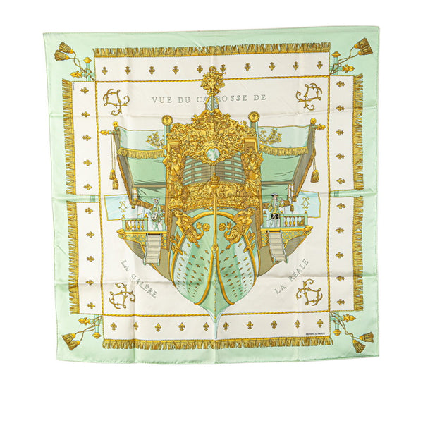 エルメス カレ90 VUE DU CAROSSE DE LA GALERE LA REALE クイーンの戴冠式 スカーフ ホワイト グリーン マルチカラー シルク レディース HERMES 【中古】