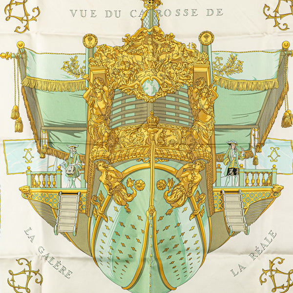 エルメス カレ90 VUE DU CAROSSE DE LA GALERE LA REALE クイーンの戴冠式 スカーフ ホワイト グリーン マルチカラー シルク レディース HERMES 【中古】