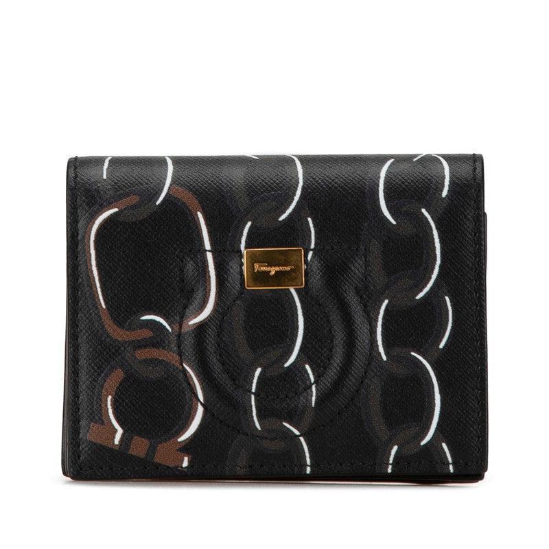 サルヴァトーレフェラガモ ガンチーニ チェーン 二つ折り財布 JL-22 D514 ブラック マルチカラー PVC レザー レディース Salvatore Ferragamo 【中古】