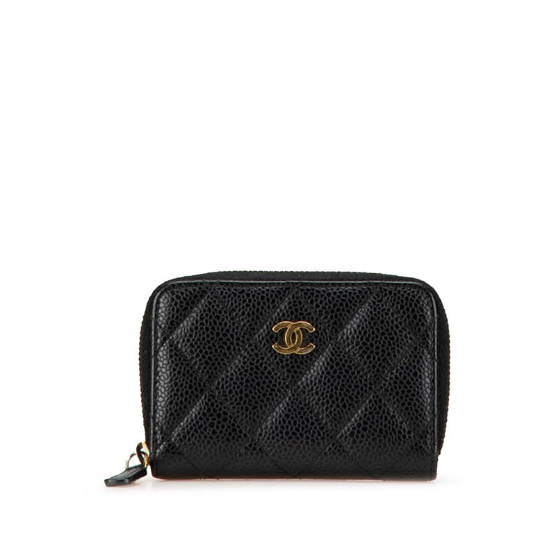 シャネル クラシック ジップ コインパース ラウンドファスナー カードケース ブラック キャビアスキン レディース CHANEL 【中古】