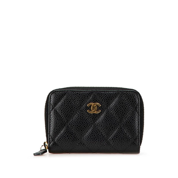 シャネル クラシック ジップ コインパース ラウンドファスナー カードケース ブラック キャビアスキン レディース CHANEL 【中古】