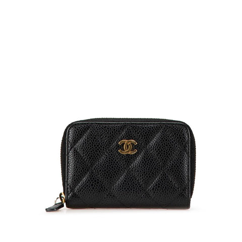 シャネル クラシック ジップ コインパース ラウンドファスナー カードケース ブラック キャビアスキン レディース CHANEL 【中古】
