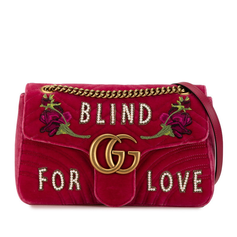 グッチ GGマーモント BLIND FOR LOVE 刺繍 モチーフ チェーン ショルダーバッグ 443496 ピンク ゴールド ベロア レザー レディース GUCCI 【中古】