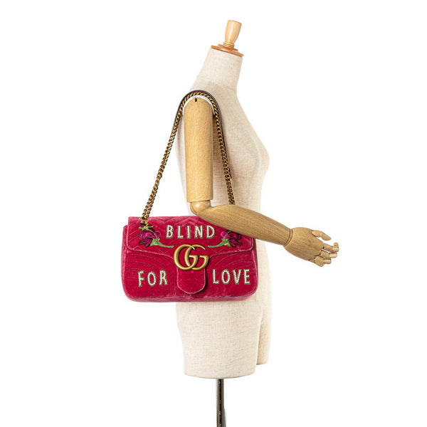 グッチ GGマーモント BLIND FOR LOVE 刺繍 モチーフ チェーン ショルダーバッグ 443496 ピンク ゴールド ベロア レザー レディース GUCCI 【中古】