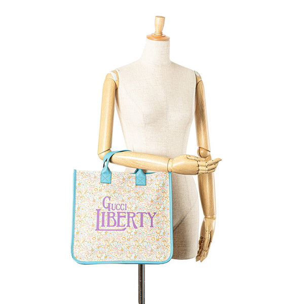 グッチ ×リバディ チルドレンズ 花 フラワー モチーフ トートバッグ 550763 ベージュ ライトブルー マルチカラー キャンバス レザー レディース GUCCI 【中古】
