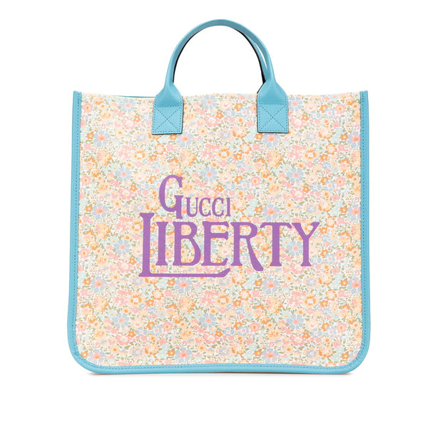 グッチ ×リバディ チルドレンズ 花 フラワー モチーフ トートバッグ 550763 ベージュ ライトブルー マルチカラー キャンバス レザー レディース GUCCI 【中古】