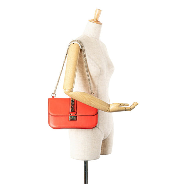 ヴァレンティノ ロックスタッズ チェーン ショルダーバッグ オレンジ ゴールド レザー レディース VALENTINO 【中古】