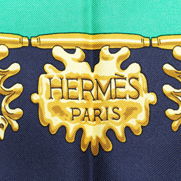 エルメス カレ90 LES CAVALIERS D'OR 黄金ノ騎士 スカーフ ネイビー グリーン ゴールド シルク レディース HERMES 【中古】