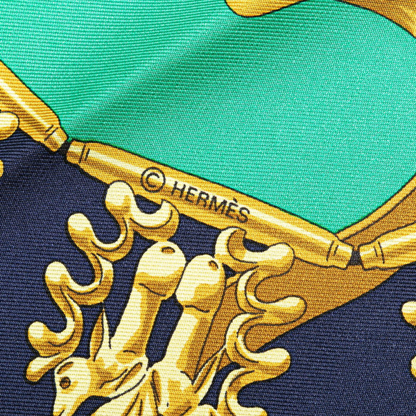 エルメス カレ90 LES CAVALIERS D'OR 黄金ノ騎士 スカーフ ネイビー グリーン ゴールド シルク レディース HERMES 【中古】
