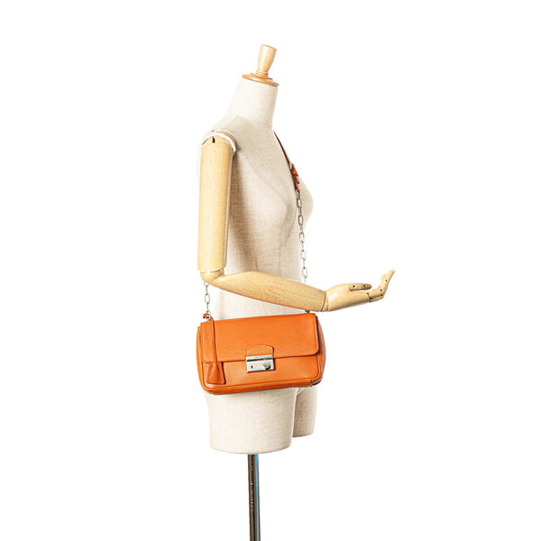 プラダ ロゴ チェーン ショルダーバッグ オレンジ サフィアーノレザー レディース PRADA 【中古】