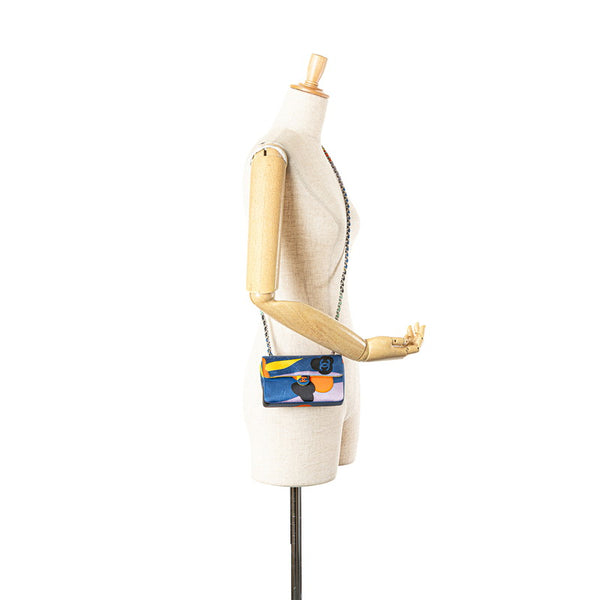 シャネル ココマーク プリント ミニ チェーン ショルダーバッグ ブルー マルチカラー サテン レディース CHANEL 【中古】