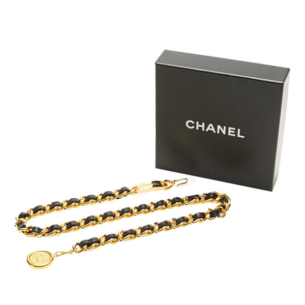 シャネル メダリオンプレート チェーン ベルト ブラック ゴールド メッキ レザー レディース CHANEL 【中古】