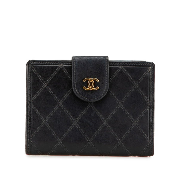 シャネル ワイルドステッチ ココマーク がま口 二つ折り財布 ブラック ラムスキン レディース CHANEL 【中古】