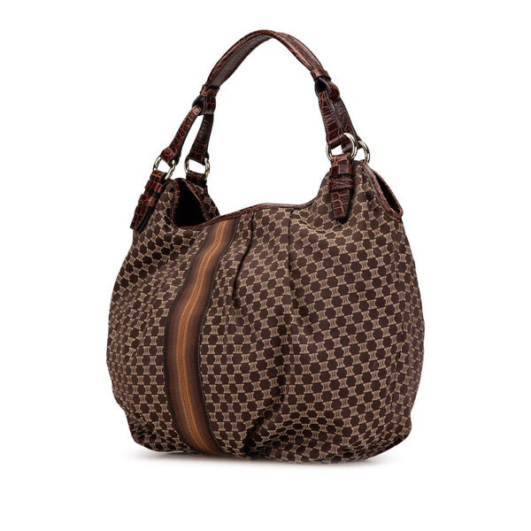 セリーヌ マカダム クロコ型押し ワンショルダーバッグ ブラウン キャンバス レザー レディース CELINE 【中古】