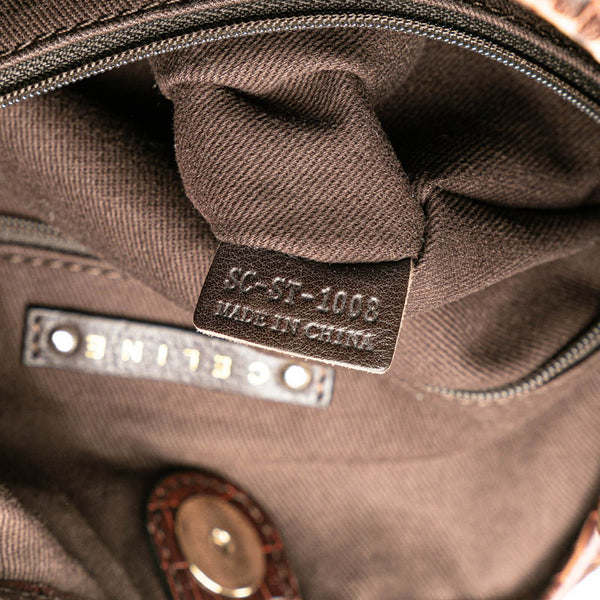 セリーヌ マカダム クロコ型押し ワンショルダーバッグ ブラウン キャンバス レザー レディース CELINE 【中古】