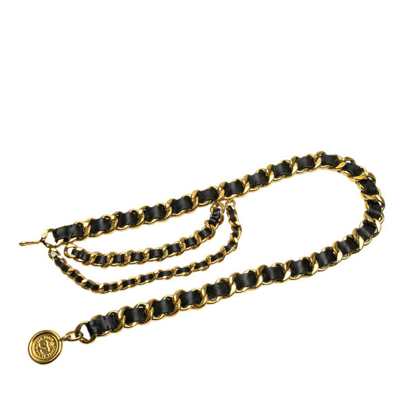 シャネル ヴィンテージ ココマーク メダル チェーンベルト ゴールド ブラック メッキ レザー レディース CHANEL 【中古】