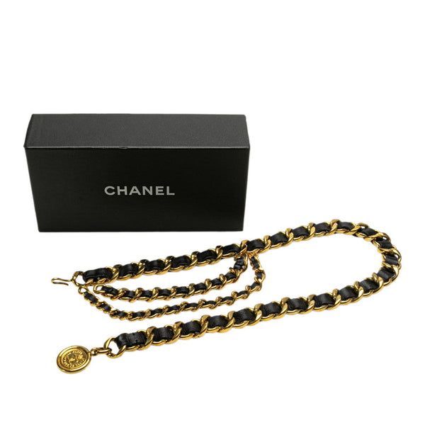 シャネル ヴィンテージ ココマーク メダル チェーンベルト ゴールド ブラック メッキ レザー レディース CHANEL 【中古】