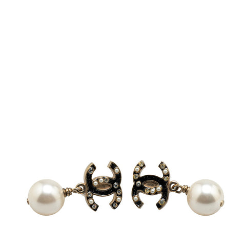 シャネル ココマーク ラインストーン スイング ピアス ゴールド ブラック メッキ フェイクパール レディース CHANEL 【中古】