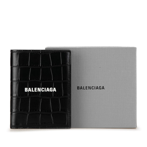バレンシアガ CASH VERTICAL BIFOLD WALLET 二つ折り財布 コンパクトウォレット クロコ型押し 681579 ブラック レザー レディース BALENCIAGA 【中古】