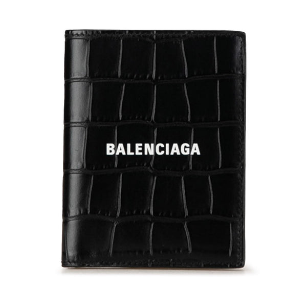 バレンシアガ CASH VERTICAL BIFOLD WALLET 二つ折り財布 コンパクトウォレット クロコ型押し 681579 ブラック レザー レディース BALENCIAGA 【中古】