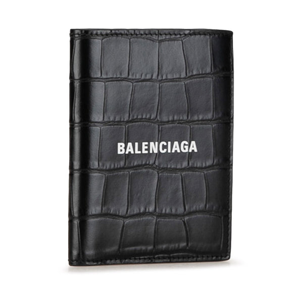 バレンシアガ CASH VERTICAL BIFOLD WALLET 二つ折り財布 コンパクトウォレット クロコ型押し 681579 ブラック レザー レディース BALENCIAGA 【中古】