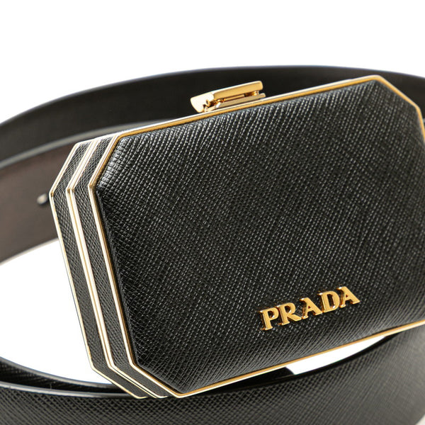 プラダ ヴァニティケース付き ベルト 1CC491 ブラック ゴールド サフィアーノレザー レディース PRADA 【中古】