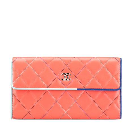 シャネル マトラッセ ココマーク 長財布 オレンジ ブルー ラムスキン レディース CHANEL 【中古】