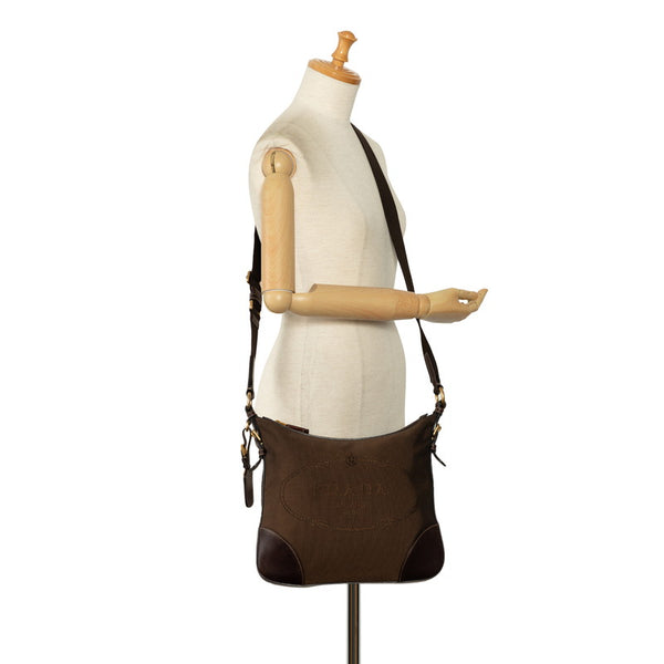 プラダ ロゴ 斜め掛け ショルダーバッグ ブラウン レザー ジャガード レディース PRADA 【中古】