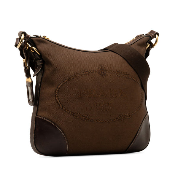 プラダ ロゴ 斜め掛け ショルダーバッグ ブラウン レザー ジャガード レディース PRADA 【中古】