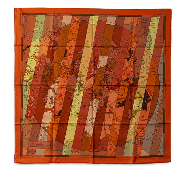 エルメス カレ90 LE MONDE EST VASTE 世界地図 スカーフ オレンジ ベージュ シルク レディース HERMES 【中古】