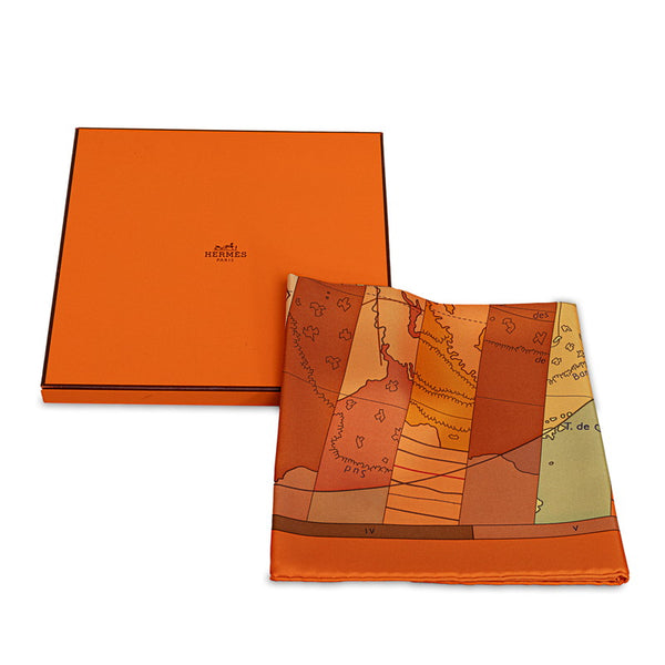 エルメス カレ90 LE MONDE EST VASTE 世界地図 スカーフ オレンジ ベージュ シルク レディース HERMES 【中古】