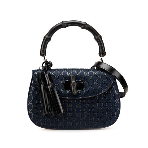 グッチ ×印伝 ニューバンブー ハンドバッグ ショルダーバッグ 2WAY 396877 ネイビー ブラック レザー レディース GUCCI 【中古】
