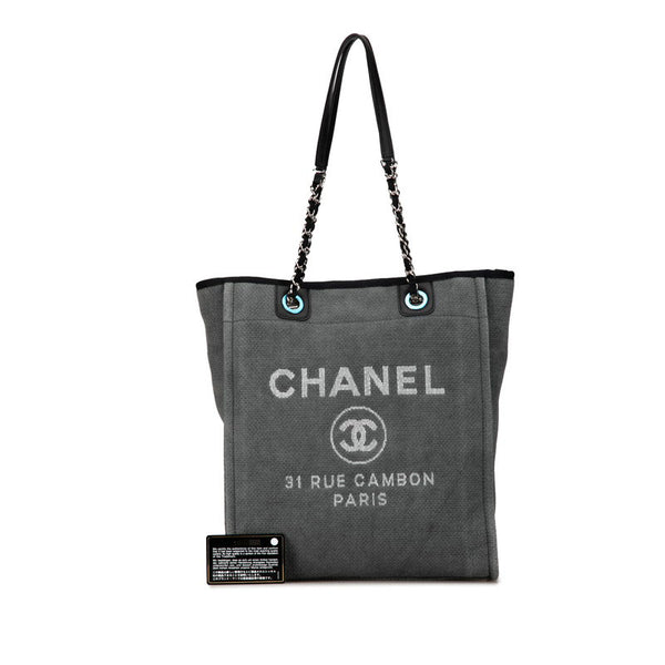 シャネル ドーヴィルPM チェーン トートバッグ ハンドバッグ A66939 グレー ブラック キャンバス レザー レディース CHANEL 【中古】