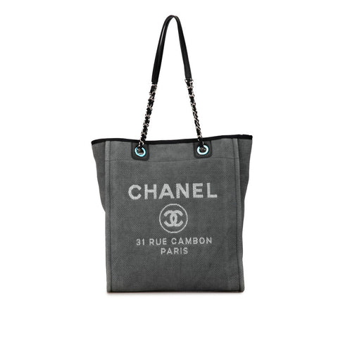 シャネル ドーヴィルPM チェーン トートバッグ ハンドバッグ A66939 グレー ブラック キャンバス レザー レディース CHANEL 【中古】
