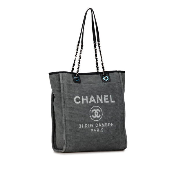 シャネル ドーヴィルPM チェーン トートバッグ ハンドバッグ A66939 グレー ブラック キャンバス レザー レディース CHANEL 【中古】