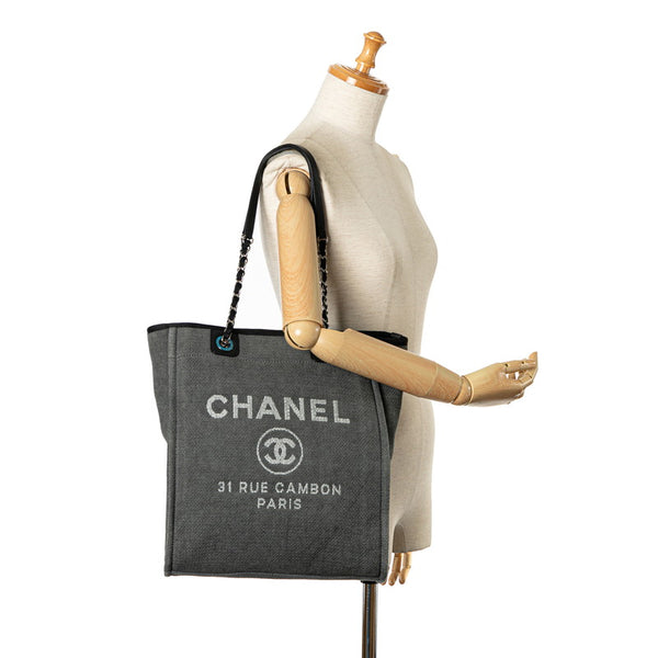 シャネル ドーヴィルPM チェーン トートバッグ ハンドバッグ A66939 グレー ブラック キャンバス レザー レディース CHANEL 【中古】