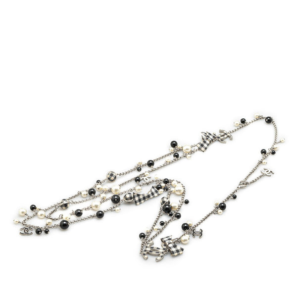 シャネル ココマーク リボン フェイクパール 2連 ネックレス シルバー ブラック メタル レディース CHANEL 【中古】