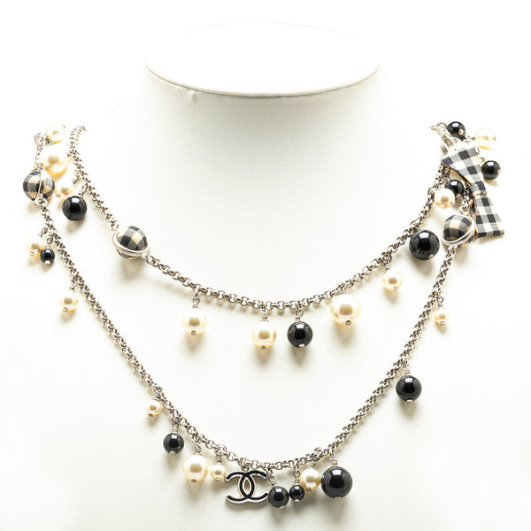 シャネル ココマーク リボン フェイクパール 2連 ネックレス シルバー ブラック メタル レディース CHANEL 【中古】